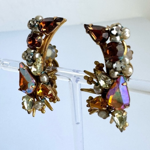 Vintage Originals By ROBERT Earrings Clip On Ear Climber AB Crystal Pearl Signed - Picture 4 of 10